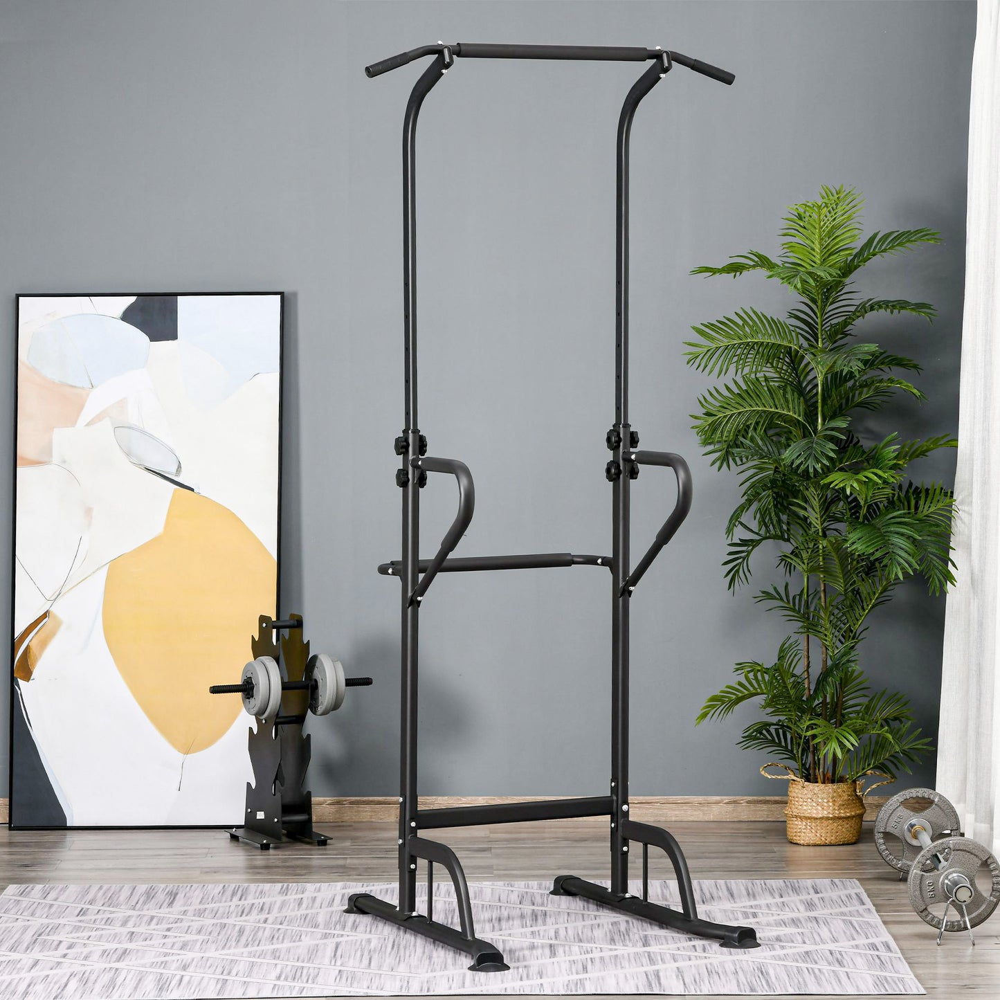 HOMCOM Power Tower Dip Station Pull Up Bar Multi-Function Push Up Equipment with Adjustable Height for Home Gym Strength Training Workout Fitness