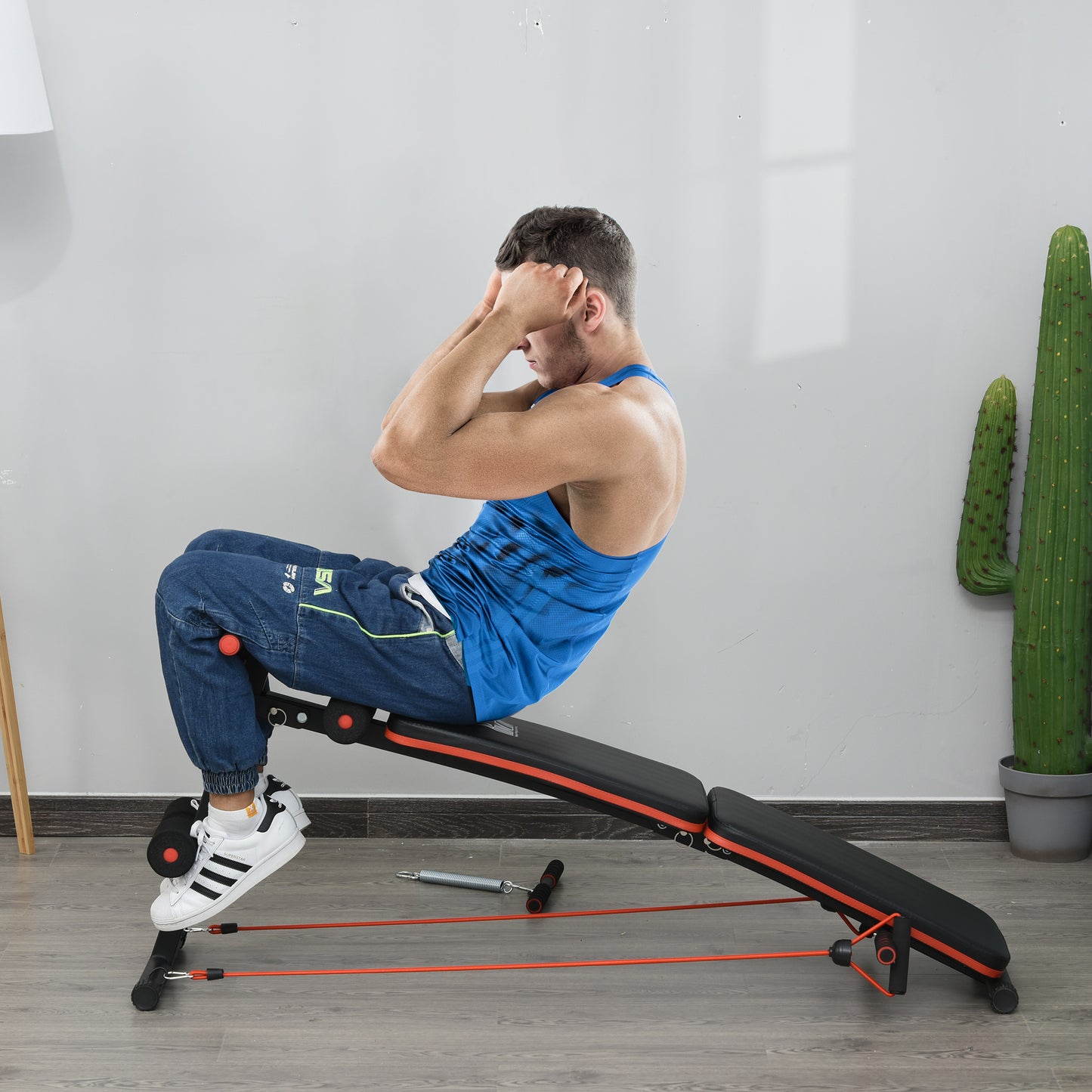 HOMCOM Sit Up Bench Core Workout Adjustable Thigh Support Foldable for Home Gym w/ Arm Pulling Rope Black