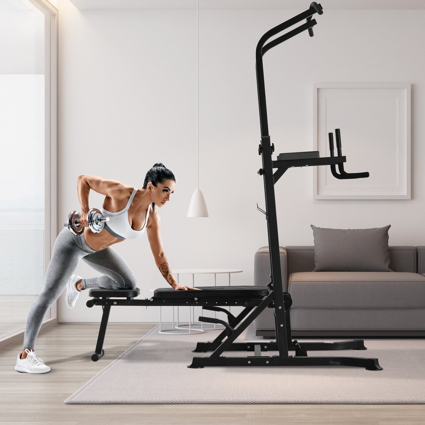 HOMCOM Pull Up Station with Adjustable Weight Bench, Dip Station and Barbell Rack, Multi-Function Power Tower Free Standing Pull Up Bar for Home Gym