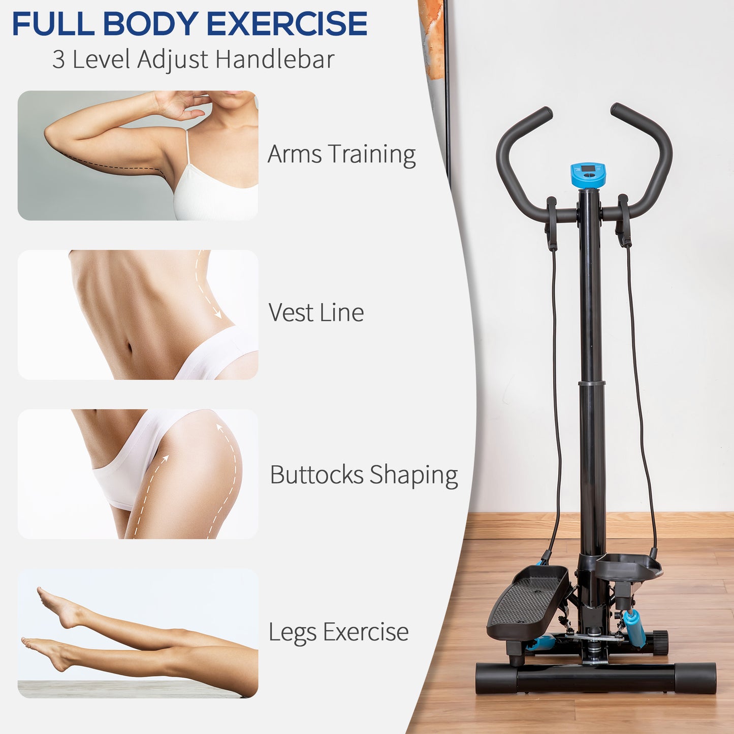 HOMCOM Adjustable Twist Stepper Fitness Step Machine, LCD Screen, Height-Adjust Handlebars, Home Gym