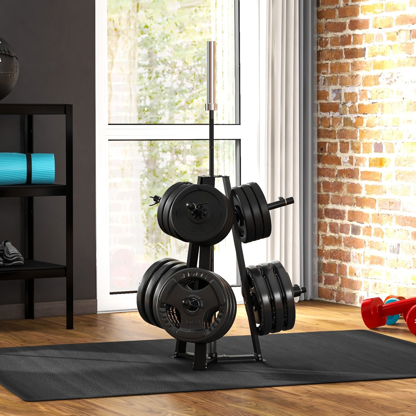 SPORTNOW Weight Tree Weight Rack for 5cm Weight Plates and Barbell Bar with 6 Fasten Clamps, 300kg Capacity