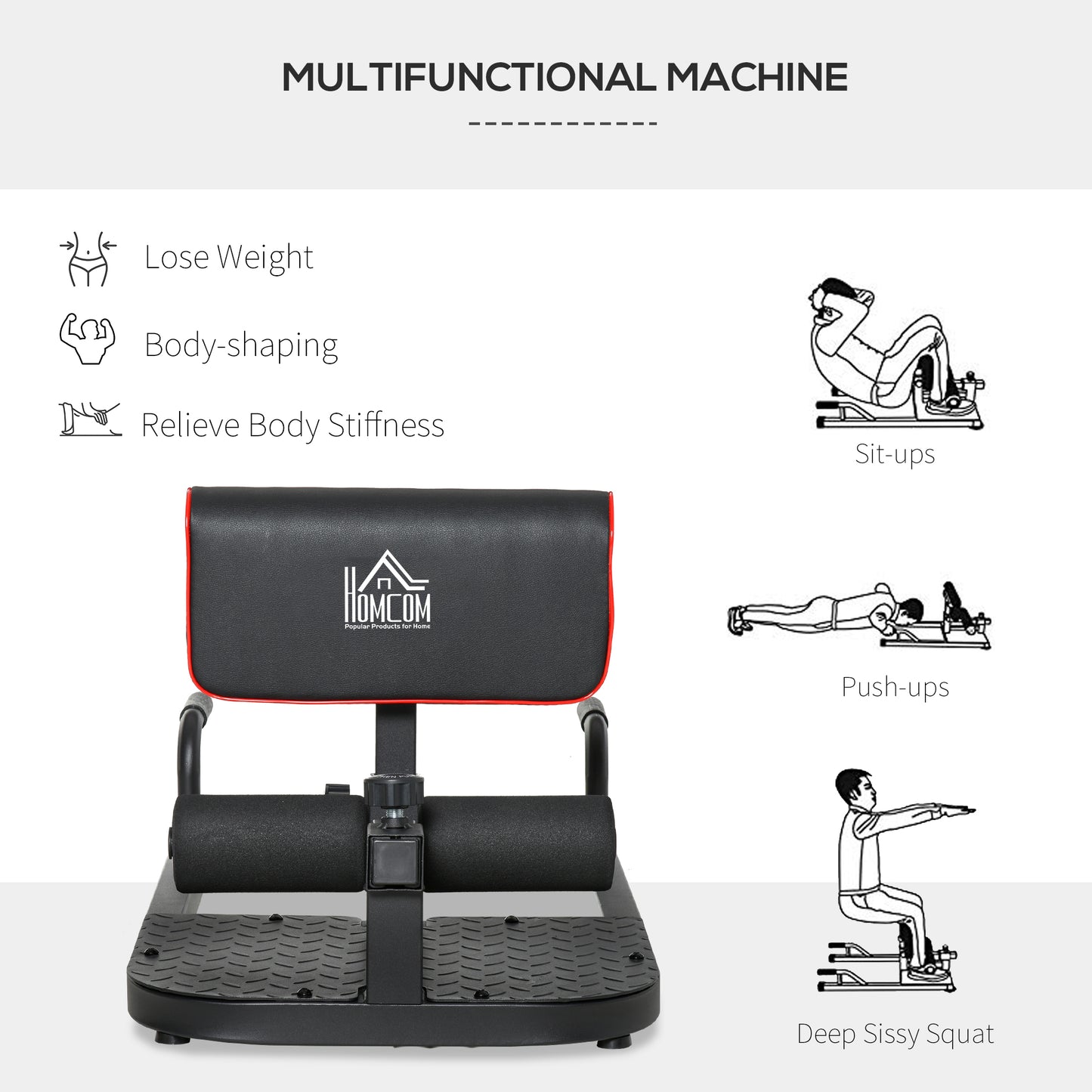 HOMCOM Squat Machine with Push Up Stand, Padded Hip Thrust Bench with Adjustable Cushion for Home Gym Work Out